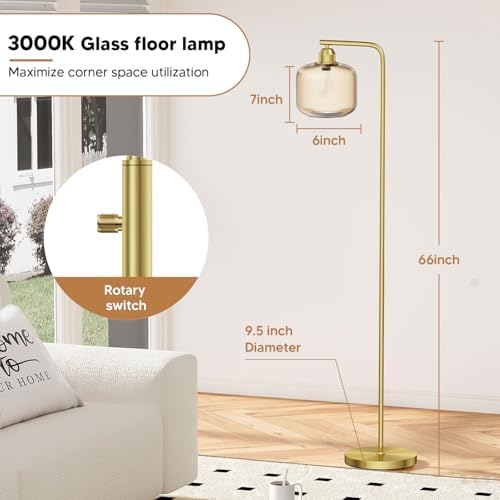 66" Dimmable Gold Standing Lamp with Champagne Ribbed Glass for Living Room - Image 4