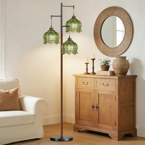 QIYIZM Glass Floor Lamp for Living Room,Bedroom,Stained Green Mid Century Modern Standing Lamp Wood Tree 3 Light Tall Floor Lamps Vintage Retro Black Floor Lights Flower LampShade Boho Bohemian - Image 5