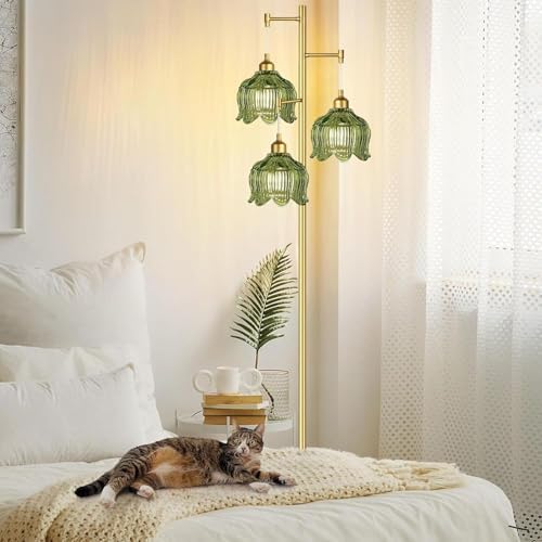 Vintage Floor Lamps for Living Room Bedroom-3 Light Gold Floor Lamp with Glass Lampshape, Flower Green Tall Lamp Mid Century Modern Standing Lamp Tree Floor Lamp for Bedroom Living Room Corner - Image 6
