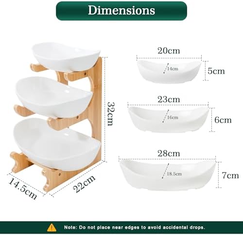 SEVEN SPARTA Fruit Bowl for Kitchen Counter - 3 Tier Ceramic Serving Bowls with Bamboo Stand, Tiered Fruit Basket for Fruit Vegetable Storage, Cake, Dessert, Nuts, Snack, Salad (Dishwasher safe) - Image 2