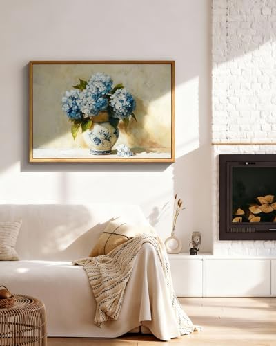 InSimSea Framed Canvas Art Hand-Painted Vintage Blue Hydrangea Art,16x24inch, Textured Floral Paintings Artwork Wall Decor for Living Dining Room Hallway, Classical Still Life Farmhouse Picture - Image 3