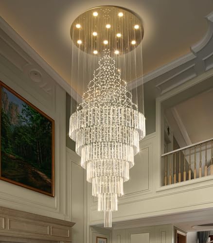 HAIXIANG W32 x H120 Glam Chandelier with LED Bulbs Crystal Raindrop High Ceiling Pendant Light for Entrance Large Villa Chandelier Foyer Lighting Fixtures Gold by HAIXIANG