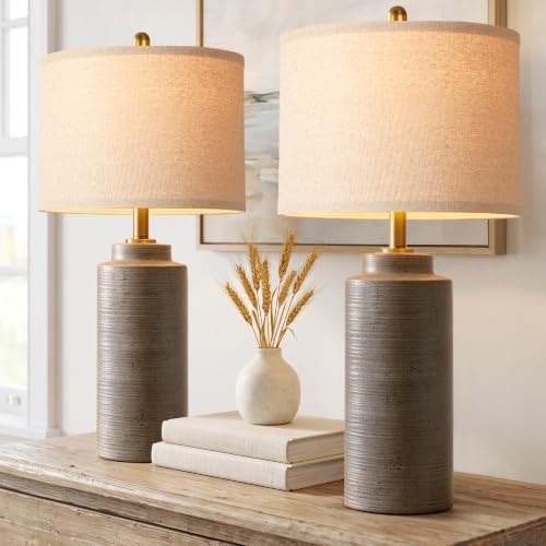 PARTPHONER 27" Vintage Ceramic Table Lamp Set of 2, Rustic Farmhouse Bedside Lamps with Ribbed Textured Finish, Greyish Brown Earth Tone Nightstand Lamps for Living Room Bedroom End Tables Home Decor by PARTPHONER