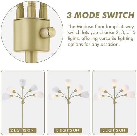 Medusa Modern Decor Floor Lamp, Multi Head Adjustable Gooseneck Bright Light Lamps for Reading, White Shades Tall Standing Tree Floor Lamps for Living Room Bedroom Office Kids Classroom, Gold - Image 3