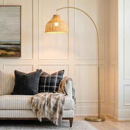 Brightech Lark Arc Lamp for Living Rooms & Offices, Floor Lamp with Unique Hanging Wicker Shade, Standing & Tall for Bedroom Reading, Matches Boho and Other Living Room Decor, Brass - Image 6