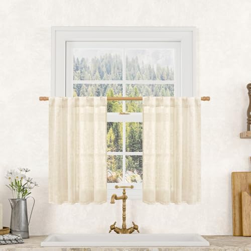 LAMIT Beige Linen Kitchen Curtains 30 Inch Length for Small Windows by LAMIT