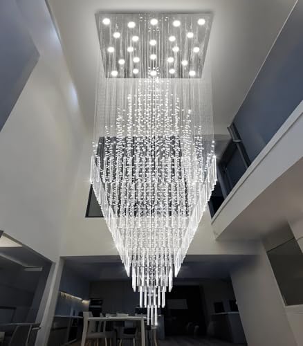 HAIXIANG W47 x H120 Luxury Crystal Chandelier with LED Bulbs Glam Raindrop High Ceiling Square Light Chandeliers for Entrance Large Villa Foyer Living Room Lighting Fixtures Silver - Image 4