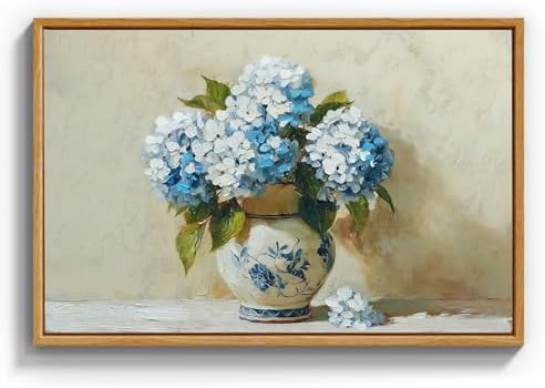 InSimSea Framed Canvas Art Hand-Painted Vintage Blue Hydrangea Art,16x24inch, Textured Floral Paintings Artwork Wall Decor for Living Dining Room Hallway, Classical Still Life Farmhouse Picture by InSimSeaArt