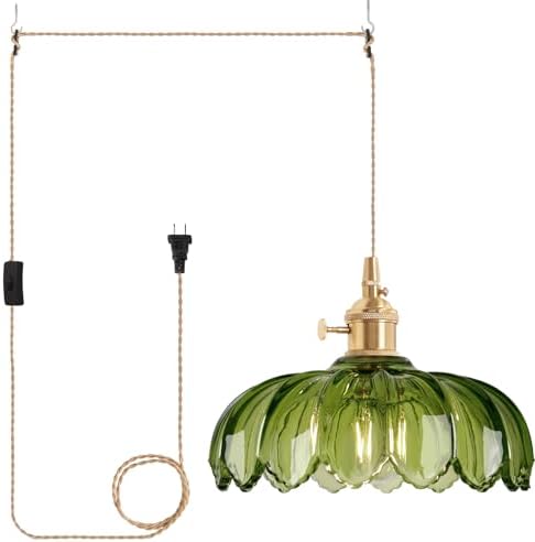 Shenmoyl Plug in Pendant Light Hanging Light Fixtures with Plugin Cord On/Off Switch,Green Scindapsus Glass Lampshade Brass Pendant Light by Shenmoyl