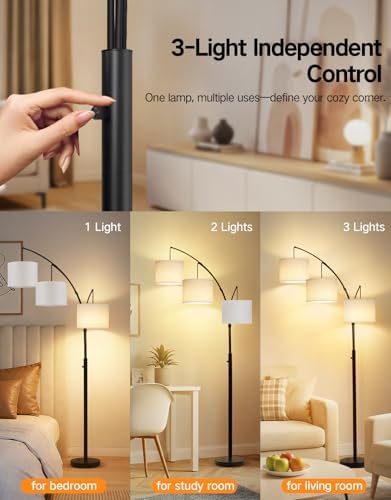 OUTON Arc Led Floor Lamp, Modern Black 3 Light Tall Floor Lamp for Bedroom, 2400lm Mid Century Adjustable Standing Corner Lamps for Living Room Office, 3 LED Bulbs Included, White Lampshade - Image 3