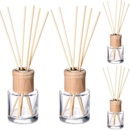 Roshtia 4 Set Reed Diffuser Bottle Empty Refillable Fragrance Glass Diffuser Bottles Set with Wooden Caps Sticks 50ml 1.7 oz Round Glass Jars for DIY Fragrance by Roshtia