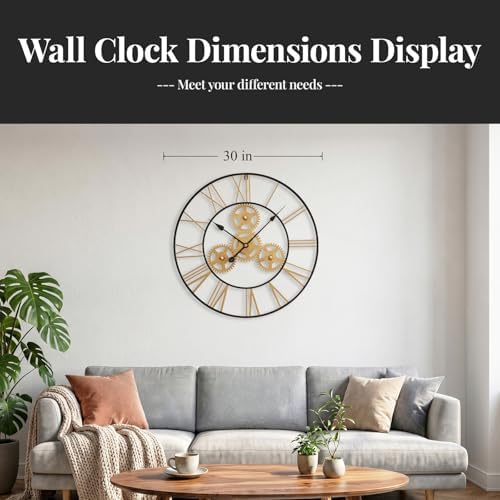 Cuspin 24 Inch Wall Clock Black Gold Industrial Metal Gear Decorative Clock - Image 6
