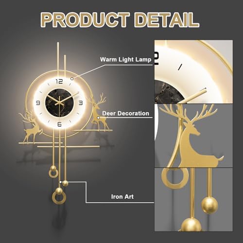 Modern Deer Wall Clock for Living Room,Large Gold Decorative Wall Clock with Light,Creative Silent Clock Battery Operated for Kitchen/Entryway/Bedroom/Office/Dinning Room Metal Wall Decor - Image 4