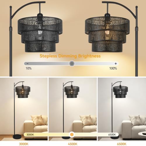 AHDWDW Arc Floor Lamp for Living Room Bedroom,Mid-Century Modern Floor Lamps with Remote,Black Dimmable Standing Tall Lamp for Corner Office,3-Tier Drum Metal Lampshade with Forest Tree Design - Image 3