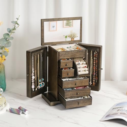 Jewelry Box for Women, Rustic Wooden Jewelry Boxes & Organizers with Mirror & Drawers,6 Layer Jewelry Organizer Box for Rings Earrings Necklaces Bracelets ((Vintage) - Image 2