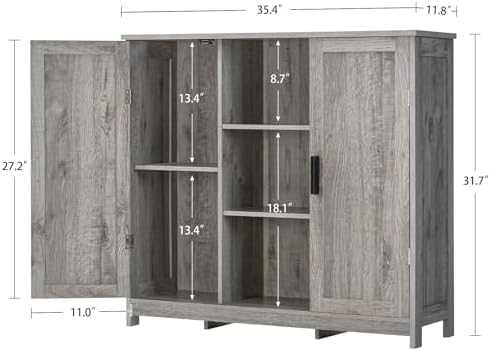 Iwell Storage Cabinet with 2 Doors and 4 Adjustable Shelves, Buffet Cabinet with Storage, Floor Cabinet for Living Room, Entryway, Kitchen, Rustic Gray - Image 3