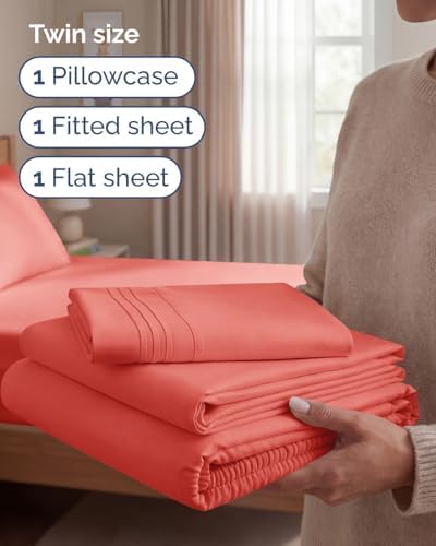Twin Size 3 Piece Sheet Set - Comfy Breathable & Cooling Sheets - Coral - Image 3