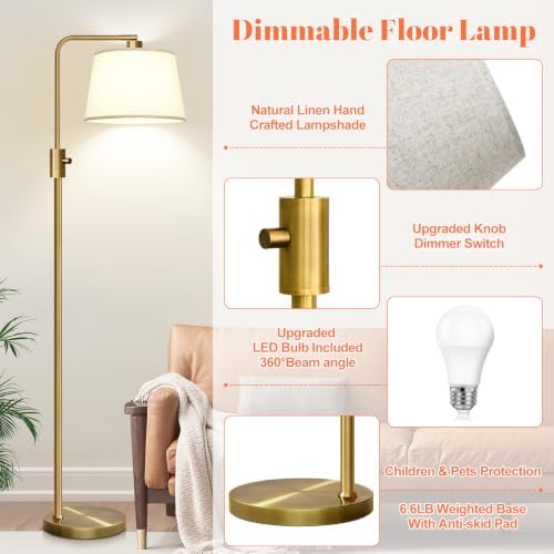 Nintiue Dimmable Floor Lamp, 1000 LM LED Edison Bulb Included, Arc Floor Lamps for Living Room Modern Standing Lamp Tall Lamps for Living Room Bedroom-Brass - Image 5
