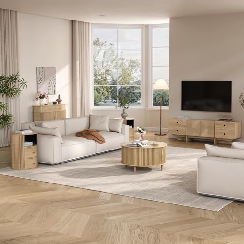 JOINICE 31.5" Round Coffee Table with Storage for Living Room, Natural Oak - Image 6