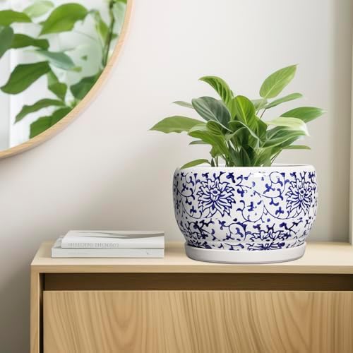 SQOWL Ceramic Pots for Plants - 10 Inch Ceramic Flower Pots with Drainage Hole and Saucer, Round Large Planter Indoor, Decorative Porcelain Planter Outdoor, Home Decor, Birthday Gifts, Blue and White - Image 7
