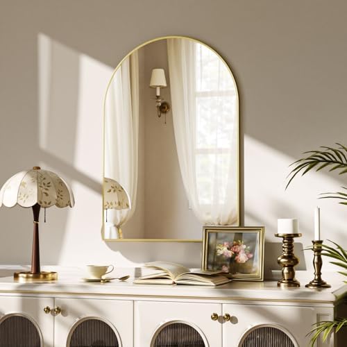 VooBang Arched Wall Mirror, 20 x 30 inch Arch Bathroom Mirror, Wall Mounted Vanity Mirror with Arch Metal Frame, Modern Bathroom Vanity Mirror for Bedroom, Living Room, Hanging or Leaning, Gold - Image 2