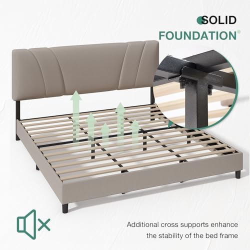 Novilla King Size Bed Frame with Adjustable Headboard Platform King Bed Frame Linen Fabric Upholstered Headboard, No Box Spring Needed, Noise-Free, Wooden Slats Support, Easy Assembly, Beige - Image 6