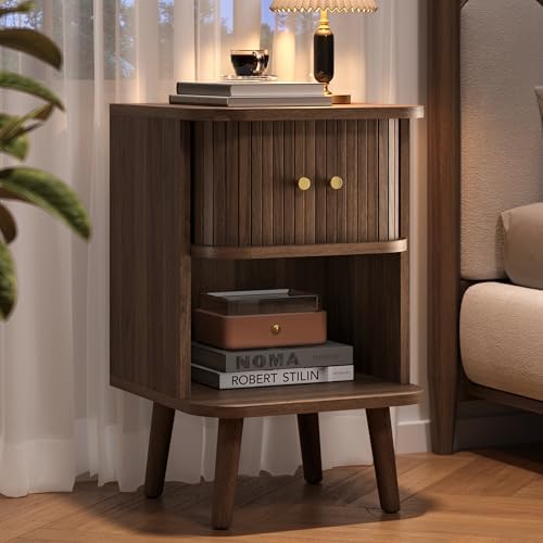 Decofy Fluted Nightstand, Charging Station & Sliding Door, Walnut by Decofy