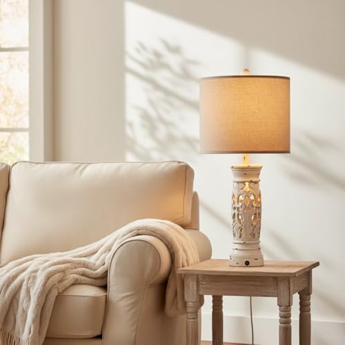 27.25" Farmhouse Lamp with Night Light, Rustic Table Lamps Set of 2, White - Image 6