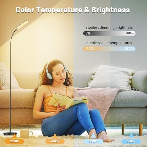 Yikuneng Dimmable LED Floor Lamp, Super Bright Reading Lamps Floor Standing lamp with Remote & Touch Control, Stepless Dimming & 2700K-6500K Color Temperature, for Living Room Bedroom Office, Black - Image 3