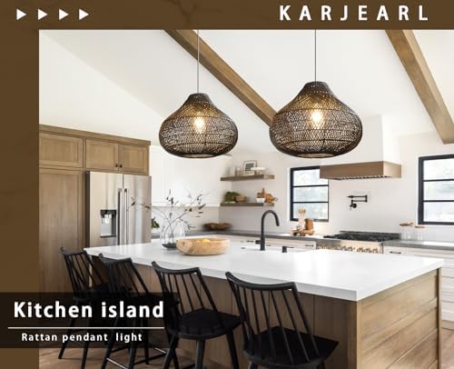 Karjear Black Rattan Chandelier, 16.5 inch Large Wicker Pendant Lights Fixture Hand-Woven Basket Hanging Light for Dining Room Kitchen Island Living Room - Image 5
