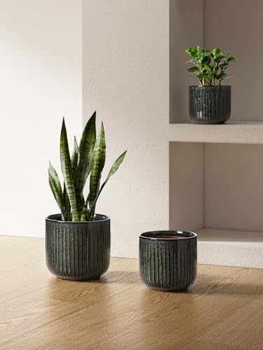 LE TAUCI Ceramic Pots for Plants, 8.3/7/6 Inch Indoor Planters with Drainage Holes & Mesh, Modern Glossy Glaze Cylinder Fluted Plant Pot for Snake Plant, Set of 3, Dark Olive - Image 2