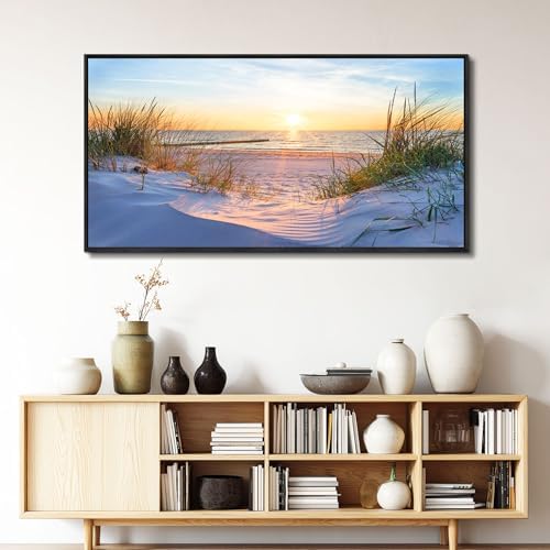 MHARTK66 Canvas Wall Art For Living Room Large Wall Decor For Office Bedroom Poster Art Prints Sun Seascape Wall Painting Blue Ocean Pictures Artwork For Walls Black Wood Framed 24" X 48" - Image 3