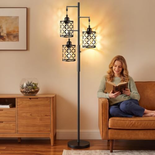 72" Industrial Tree Floor Lamp, Dimmable Farmhouse Tall Standing Lamp with Quatrefoil Cutout Shades & Rotary Dimmer, Corner Lighting for Living Room Bedroom, 3 x 800LM Bulbs Included -Black - Image 2
