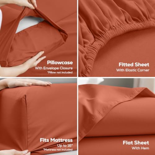 Twin Sheets Set, 3 Pieces 16" Deep Pocket Hotel Luxury Bed Sheets, Orange - Image 3