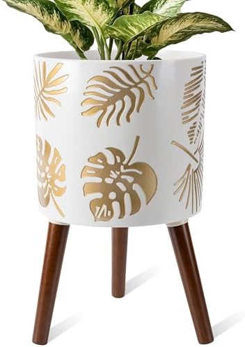12 Inch Planter, Plant with Stand, Large Planters for Indoor Plants,Flower Pot with Drainage Holes for Outdoor,White and Gold by nacltlo
