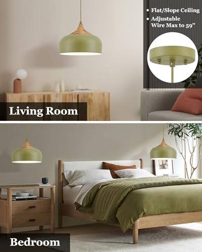 ELYONA Vintage Pendant Light Fixtures with Faux Pine Wood Grain, 12 Inch Adjustable Hanging Light Moss Green Metal Shade, Mid Century Modern Japandi Pendant Lamp for Kitchen Island Dining Room Bedroom - Image 5