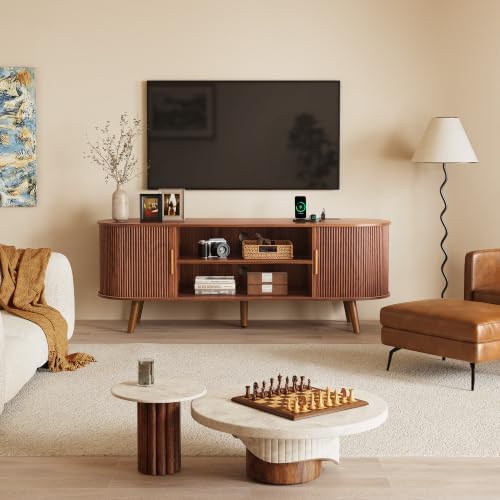PRAISUN 54 Inch Fluted TV Stand for TVs up to 55 Inch, TV Media Console with Power Outlets and USB-C Port, Entertainment Center with Storage, Curved Sliding Doors, Adjustable Shelf, Brown by PRAISUN