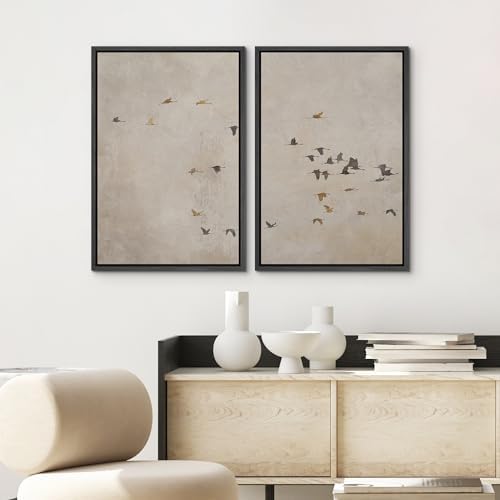 SIGNWIN Framed Canvas Print Wall Art Set Flying Birds Silhouette Minimalist Beige Illustrations Modern Minimal Decorative for Living Room, Bedroom, Office - 24"" x36 x2 Black - Image 3