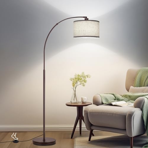 Floor Lamp for Living Room，Arc Floor Lamp with Adjustable Lamp Head Tall Pole Standing Lamp with On/Off Pedal Switch Over Couch Arched Reading Light for Bedroom Study Room 8W LED Bulb Included （Brown） by DWTB