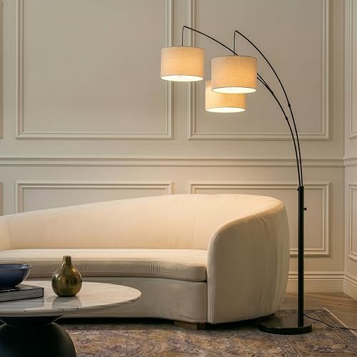 Brightech Trilage Arc Floor Lamp - Large Standing Lamp with 3 Fabric Shades & LED Bulbs for Living Room Over the Sofa, Reading, Multi-Head Traditional Tree Floor Lamp for Bedroom - Black - Image 2