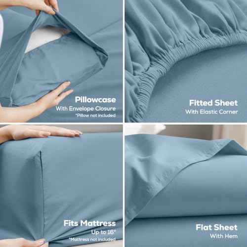 Twin Sheets Set, 3 Pieces 16" Deep Pocket Hotel Luxury Sheets, Dutch Blue - Image 3