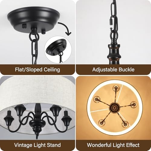 5-Light Drum Chandelier for Dining Room, 18'' Farmhouse Chandelier with Linen Shade, Round Fabric Drum Hanging Light Fixture for Entryway, Foyer, Living Room, Bedroom, Black - Image 4