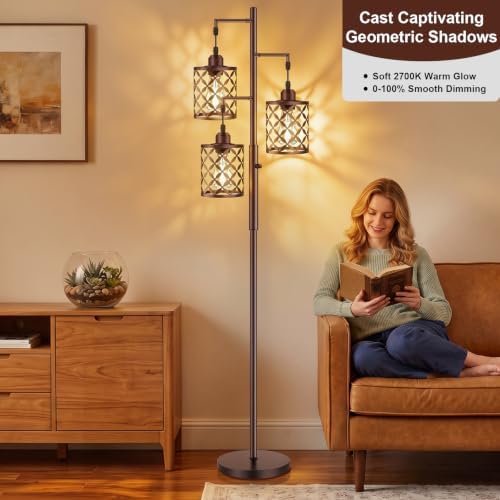 72" Industrial Tree Floor Lamp, Dimmable Farmhouse Tall Standing Lamp with Quatrefoil Cutout Shades & Rotary Dimmer Knob, Corner Light for Living Room Bedroom, 3 x800LM Bulbs Included-Brown - Image 2