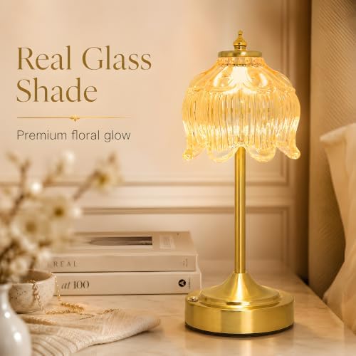 Lotus Flower Table Lamp, Cordless Rechargeable Amber Glass Bedside Lamp | 3600mAh Battery, Touch Control, 3 Color Modes & Stepless Dimming for Bedroom, Nightstand Golden 1PC - Image 3