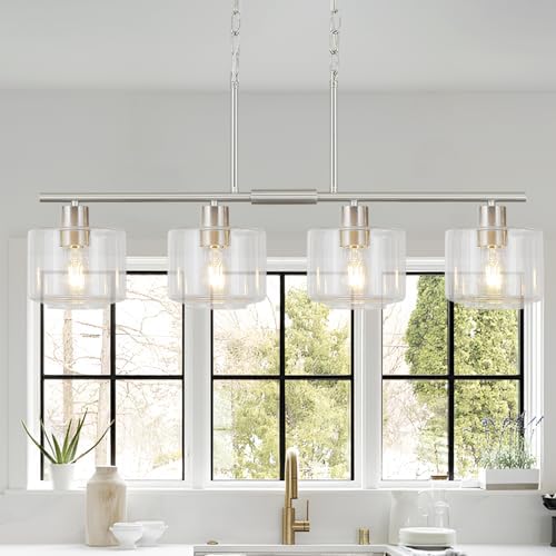 4-Light Brushed Nickel Kitchen Island Lighting, Modern Linear Dining Room Chandelier Light Fixtures with Clear Glass and Chain, Mid Century Hanging Lights for Kitchen Island, OS-YQ8153-4ISBNC by Osimir
