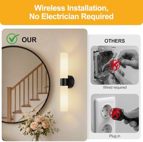 Rechargeable Wall Sconces Set of Two, Modern Matte Battery Operated Wall Light Fixtures with Remote Control, Dimmable Wireless Wall Sconces with Milky Glass for Bathroom Mirror Bedroom Living Room - Image 5