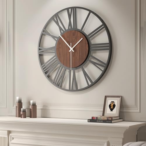 Cuspin 30 Inch Large Wall Clock Black Metal Frame with Walnut Wood Dial by Cuspin