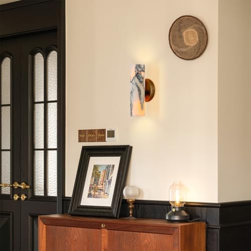 9.45 Inch Alabaster Wall Sconces, Nordic Style Natural Stone Wall Lamp, Marble Lampshade Up and Down Lighting Fixtures, Metal Base Hardwired Indoor Wall Light for Bedroom Bedside Hallway - Image 2