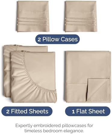 Split King Size 5 Piece Sheet Set - Breathable & Cooling Sheets - Cream - Image 2