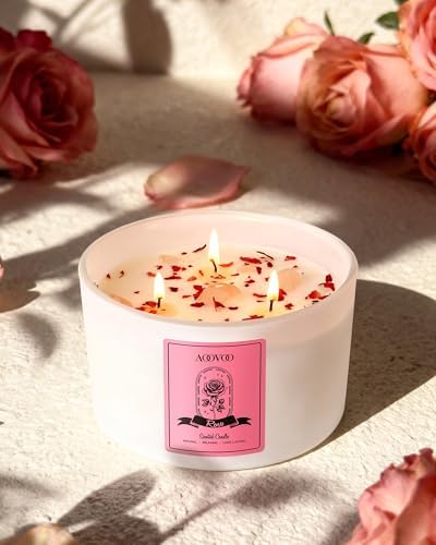 AOOVOO Rose Scented Candles for Women - 20oz 3 Wick Soy Candles for Home Scented, Aromatherapy Candle with Crystals Inside, Birthday Gifts Valentines Day Candle for Women Mom - Image 2